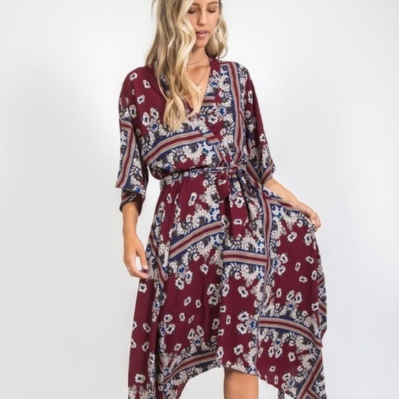 Last Two! Wrap  Handkerchief Midi Floral Dress - Picture 6 of 8